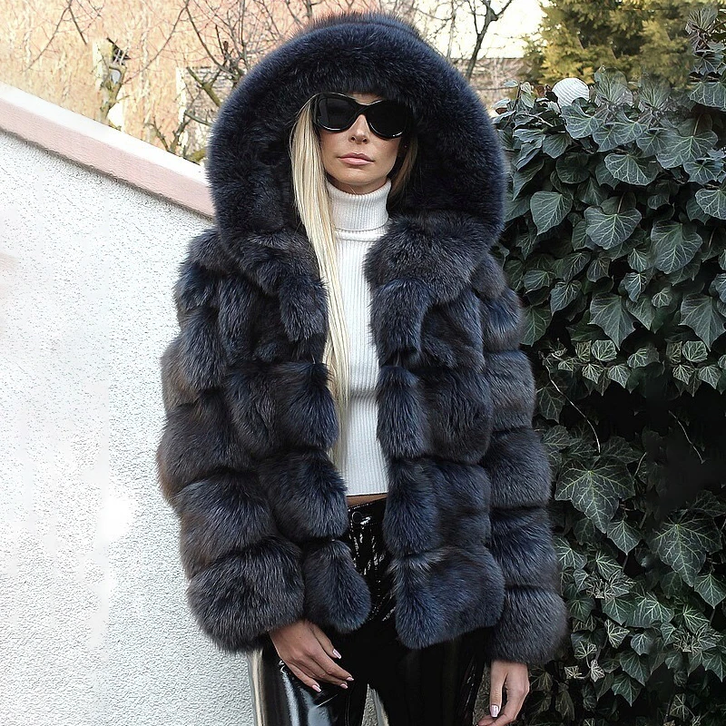 2022 Luxury Natural Real Blue Fox Fur Coat Hooded For Women Winter Thick Genuine Fox Fur Jacket Female Fur Coats Warm Fashion enlarge