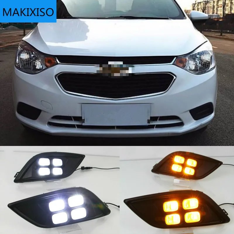 

2 шт. для Chevrolet Парус 2014 2015 2016 2017 дневные ходовые огни белый указатель поворота Светильник Цвет желтый, синий; размеры 34–43 противотуманных фар автомобиля Светодиодный дневной светильник