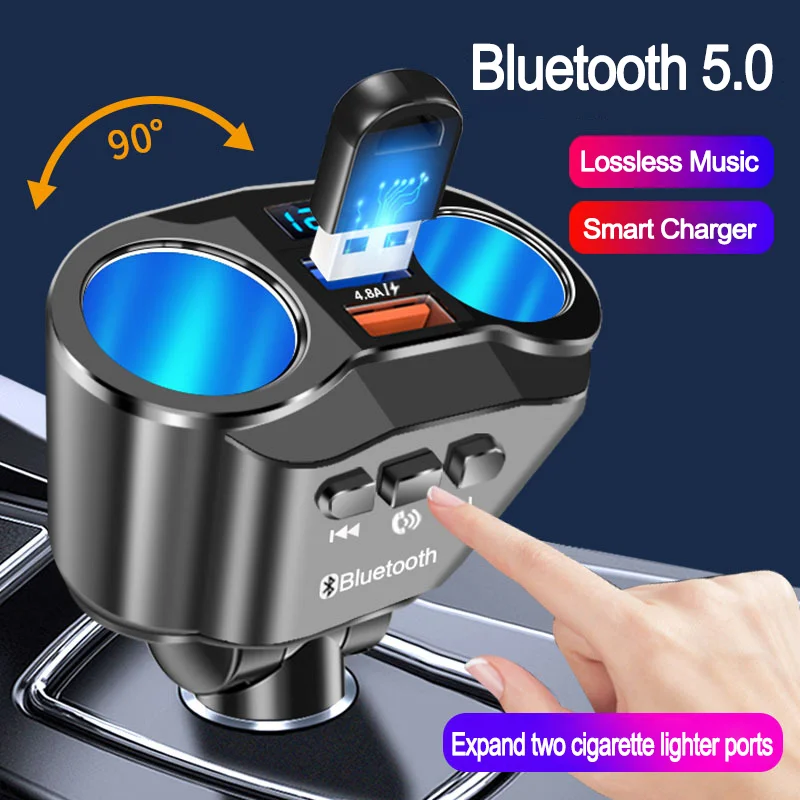 

Car Handsfree Bluetooth 5.0 FM Transmitter Dual USB Charger Expand 2 Cigarette Lighter Ports Support U Disk Music Play