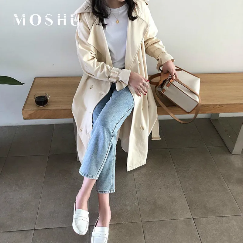 

Trench Women Office Ladies Long Coat Classical Lapel Double Breasted Loose Long Windbreaker Korea style Chic Outwear Long Trench