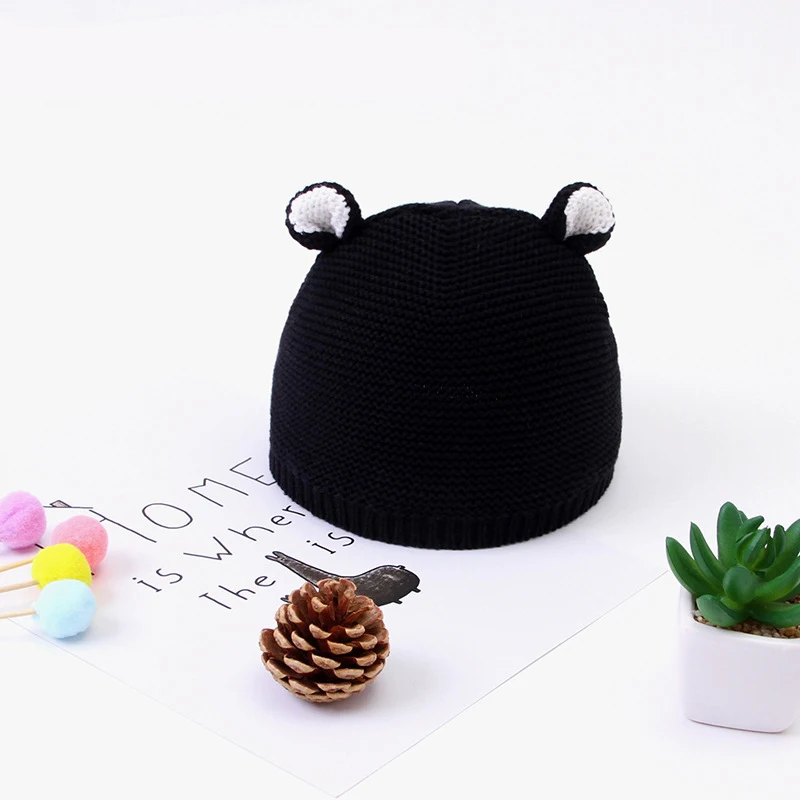 Милая вязаная шапка для новорожденных повседневная с ушками из мультфильмов