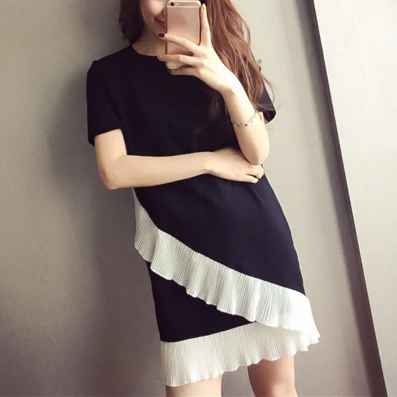 

Женское Короткое мини-платье с круглым вырезом и кружевными рукавами, лето 2019