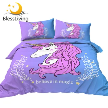 BlessLiving Cute Unicorn Bedding Set Queen Magic Kids Duvet Cover Purple Blue Home Textiles 3-Piece Cartoon Bed Set for Girls 1