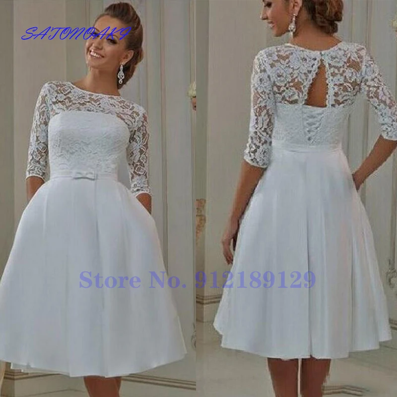 

Vestidos De Novia Simple A Line Knee Length Short Wedding Dress with Half Sleeves Lace Up Bow Bridal Gowns for Bride Robe Mariée
