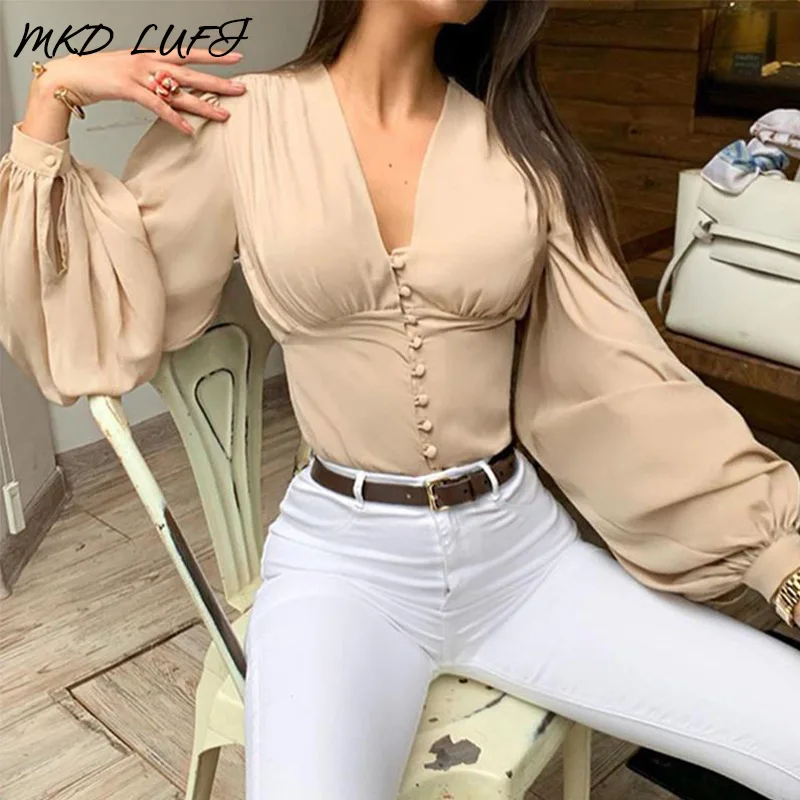 Женщины v образным вырезом прочный фонарь рукав повседневные блузки дамы с