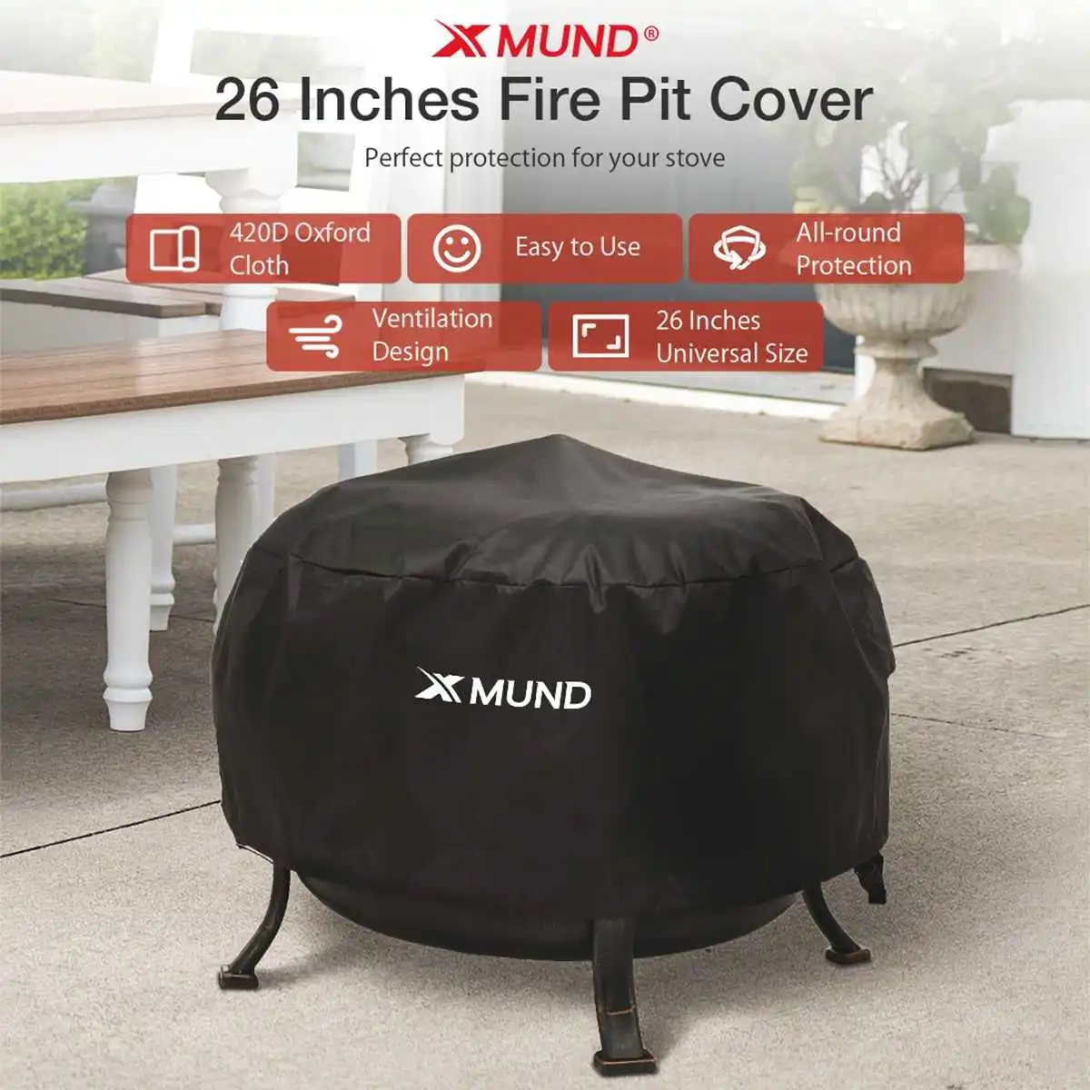 

26 inch Round Polyester Patio Easy Clean Outdoor Waterproof Protective Garden Black Fire Pit Cover BBQ Cooking Anti Dust EU
