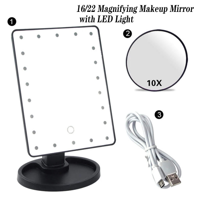 Зеркало для макияжа с подсветкой 20/16 светодиодов сенсорный экран портативная