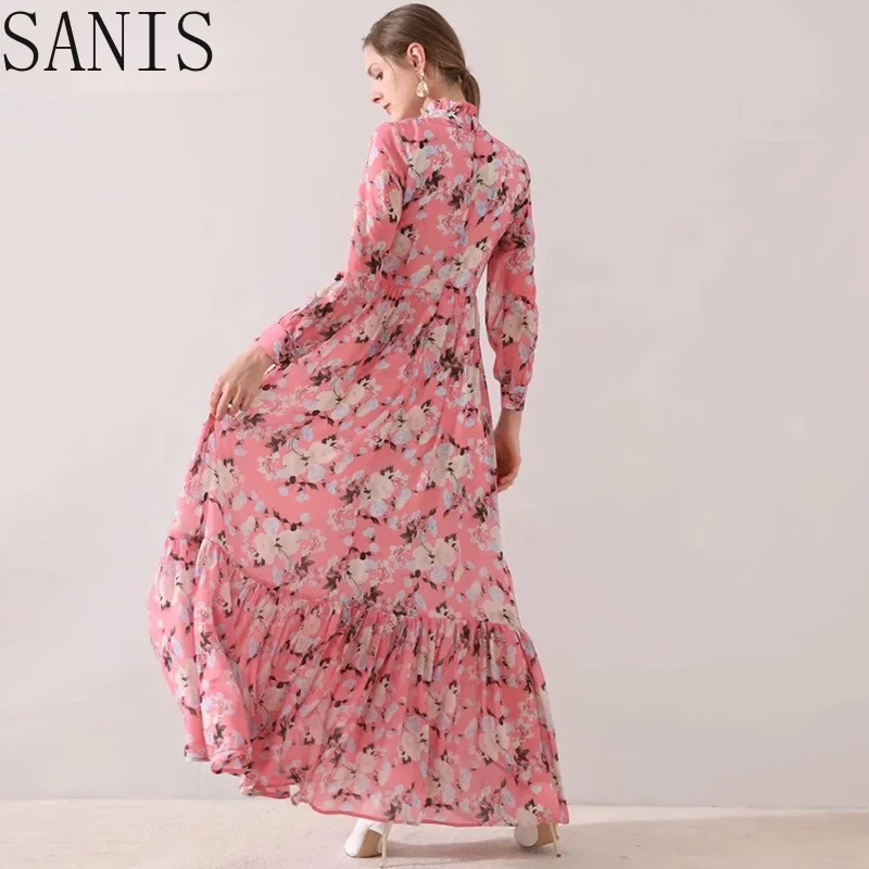 

Sanis Fashion Designer dress Spring Summer Women's Dress Long sleeve Floral-Print Slim Maxi Dresses