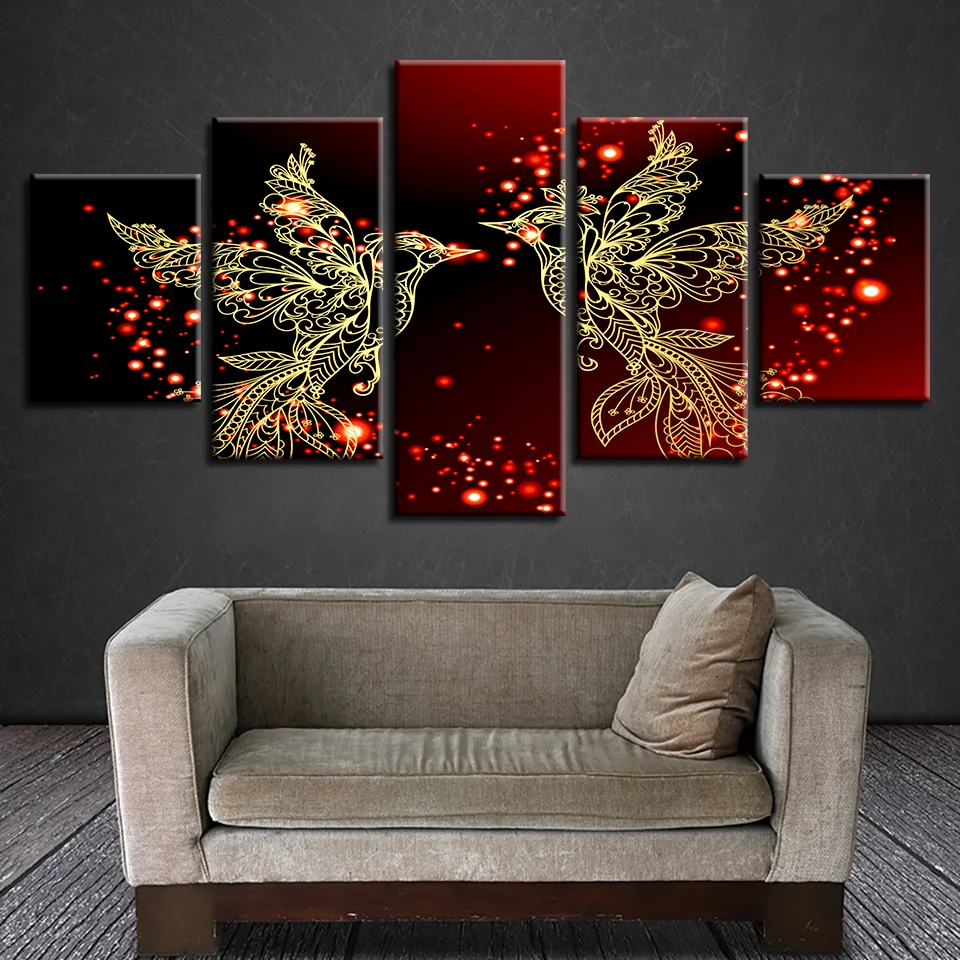 

5 Pieces Painting Home Decor Framework HD Print Canvas Red And Gold Love Birds Pictures Bedroom Romantic Wall Art Poster Decor