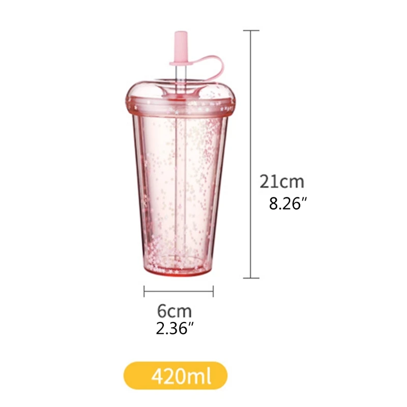 

420ml Reusable Sparkling Glitter Cup with Lid Straw Transparent Sequins Water Bottle Cute Plastic Double Layer Drink Mug