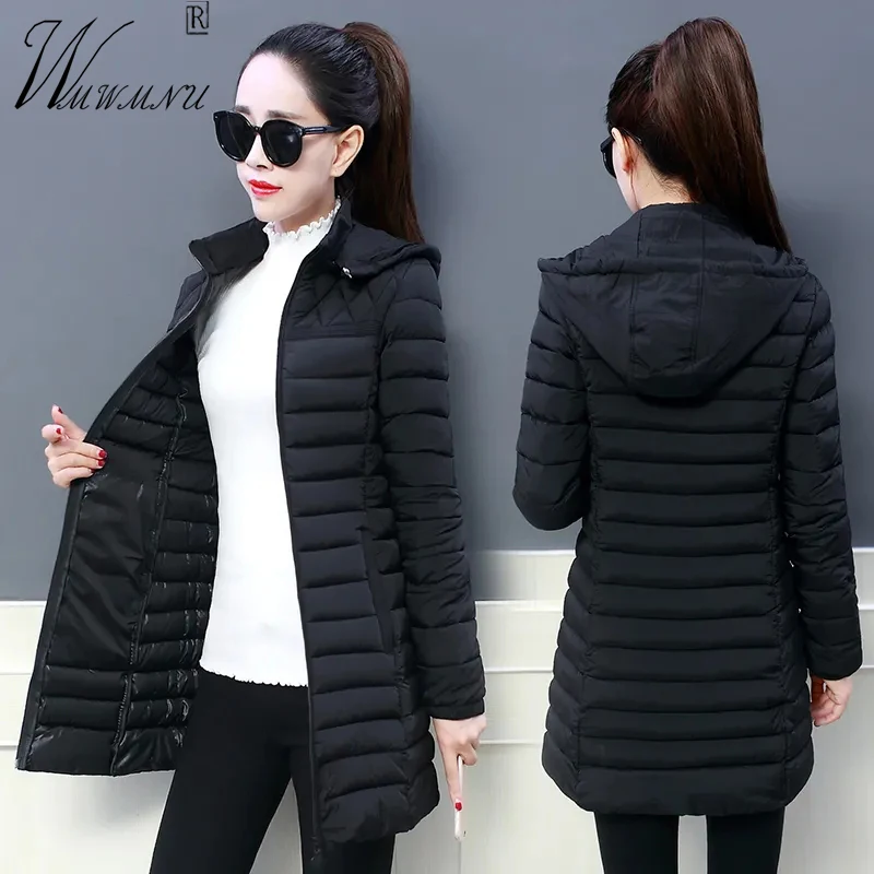 Mom's Winter Hooded Jacket Mid-Length Black Parka Women Casual Snow Wear Warm Padded Coat Korean Fashion Thick Slim Overcoat