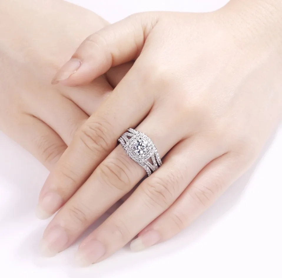 Newshe 3 шт. 925 пробы серебряные обручальные кольца для женщин 2 Ct AAA CZ Синие боковые камни классические ювелирные изделия обручальное кольцо набор
