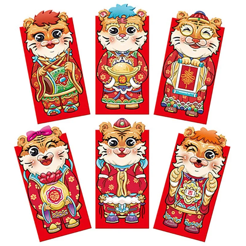 

6Pcs 2022 Chinese New Year Red Envelopes Cartoon luck Tiger Hongbao Spring Festival Money Pockets Wedding Lucky Packets Gift Bag