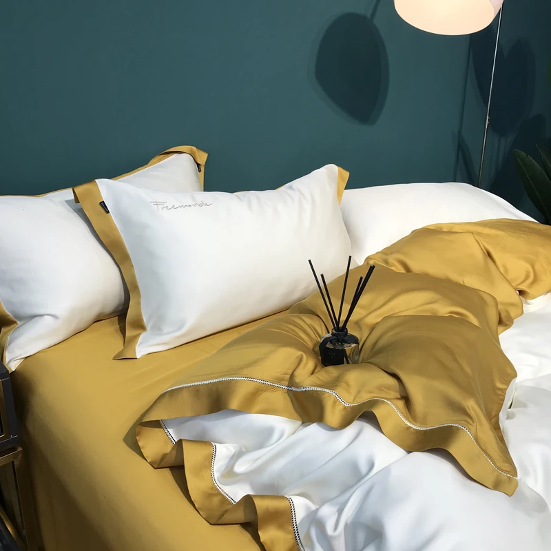 

Роскошный комплект постельного белья Tencel Lyocell, шелковистая простыня для сна без одежды, пододеяльник, простой наволочка в скандинавском сти...