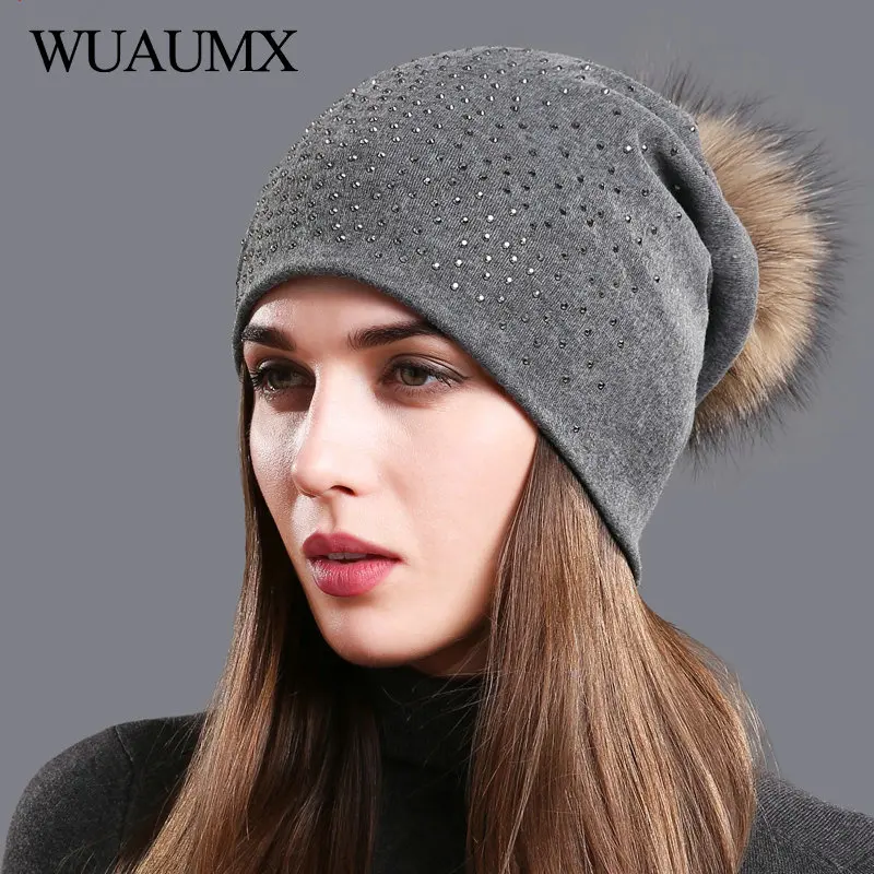 Wuaumx Осенняя зимняя женская шапка настоящий Енот Rur помпон двухслойные шерстяные вязанные шапки Стразы Skullies шапки женские