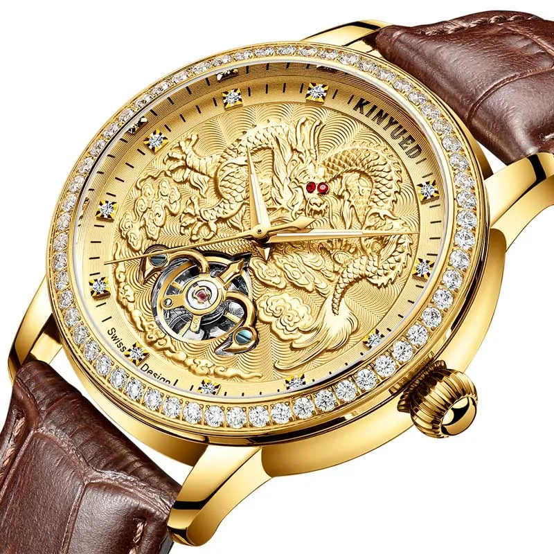 Brown Gold KINYUED, новинка, золотой дракон, дизайн, механические часы, мужские, коричневые, кожа, светящиеся, водонепроницаемые, автоматические часы, алмаз, турбийон, часы - Цвет: Brown Gold