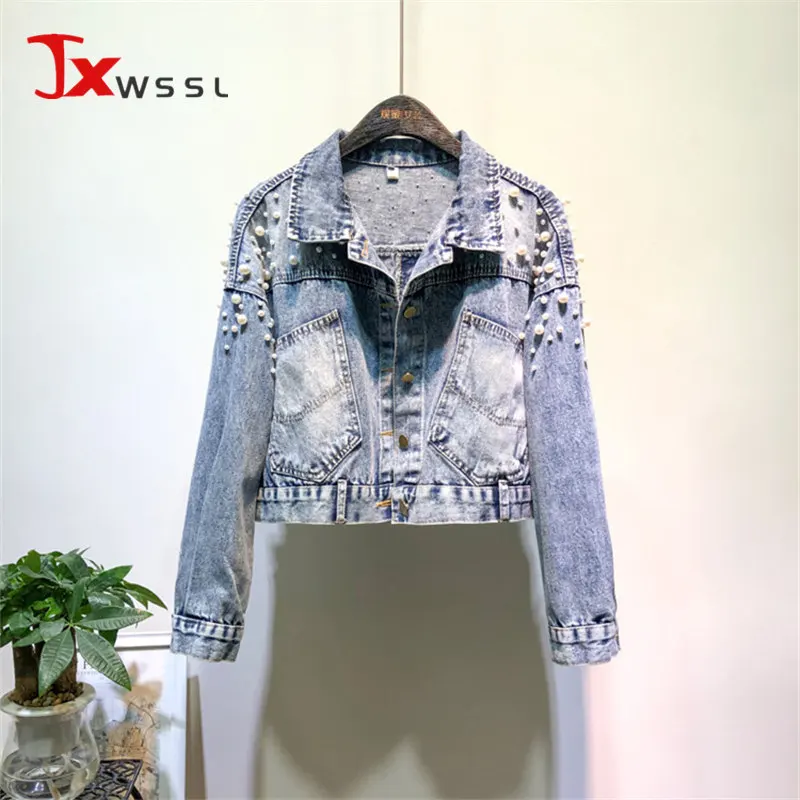 

Harajuku Fashion Denim Jacket Women Spring Casual Big Pocket Loose Jean Coat Exquisite Beaded Female Motorcycle Short Jackets
