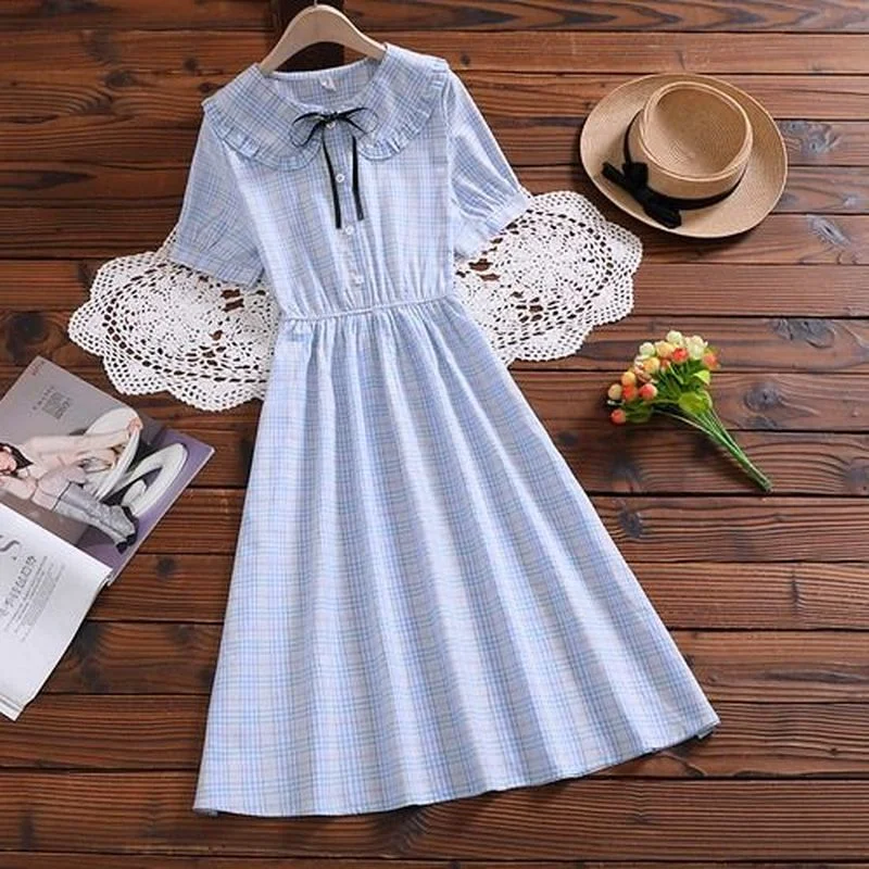 

Peter Pan Collar Plaid Dress Women Viintage Mori Girl Sweet Ruffle Short Sleeve Pink Blue Elastic Waist Robes Party Beach Robes