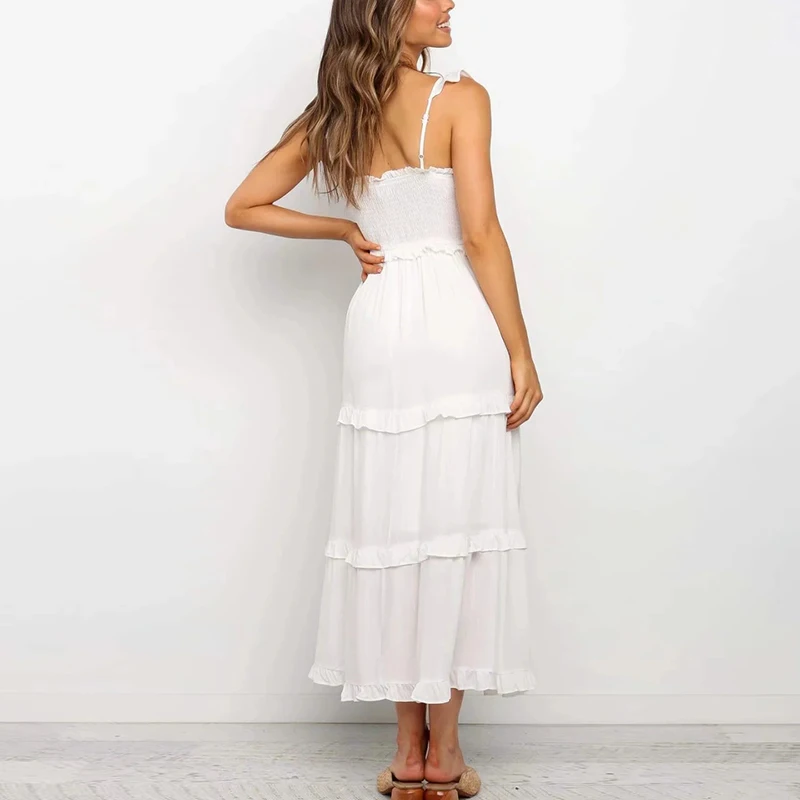 Long White Boho Cotton Day Dress Summer Women Elegant Beach Party Maxi Ruffle Sexy Backless Clothes Female | Женская одежда