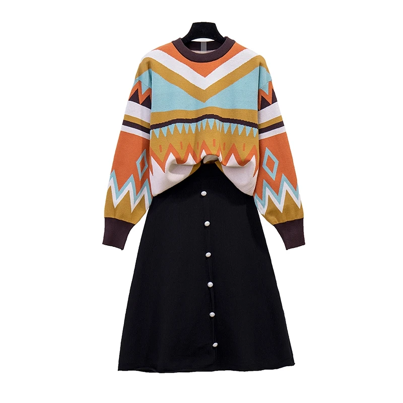 

Women Contrast Color Stripe Knitting Pullover Sweater Loose Long Skirt Two Pieces Leisure Suits Couture Autumn New Fashion