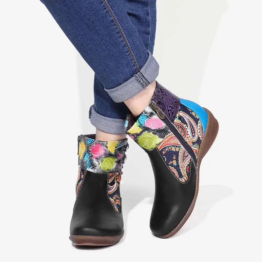 SOCOFY botas mujer; удобные черные ботильоны из натуральной кожи на плоской подошве в стиле ретро с рисунком розы; женская обувь на каблуке; вечерние зимние ботинки; коллекция года