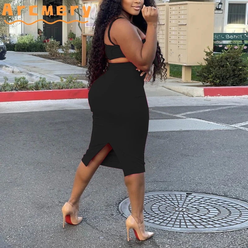 

2 Pieces Sets Women Bow Knot Design Spaghetti Strap Top & Bodycon Midi Skirts