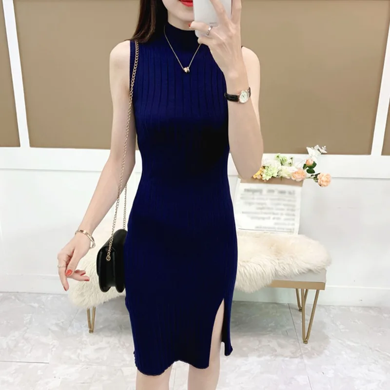 Модное сексуальное тонкое вязаное женское платье с разрезом и круглым вырезом