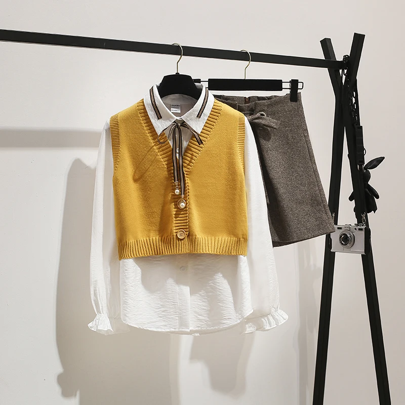 Женский Комплект из 3-х предметов элегантный желтый Трикотажный жилет с