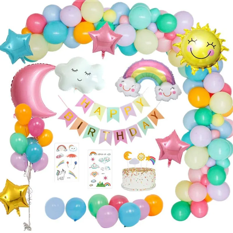 

Happy Birthday Party Decoration Balloon Garland Arch Kit with Rainbow Bridge Clouds Sun Moon Star Foil Balloon for Girl