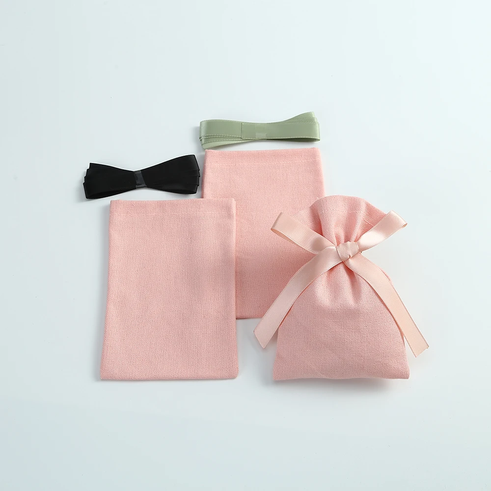 50pcs Pink Cotton Burlap Jewelry Bag Packing with Ribbon Organizer Wedding Christmas Party Candy Gift Bag Custom Logo Display