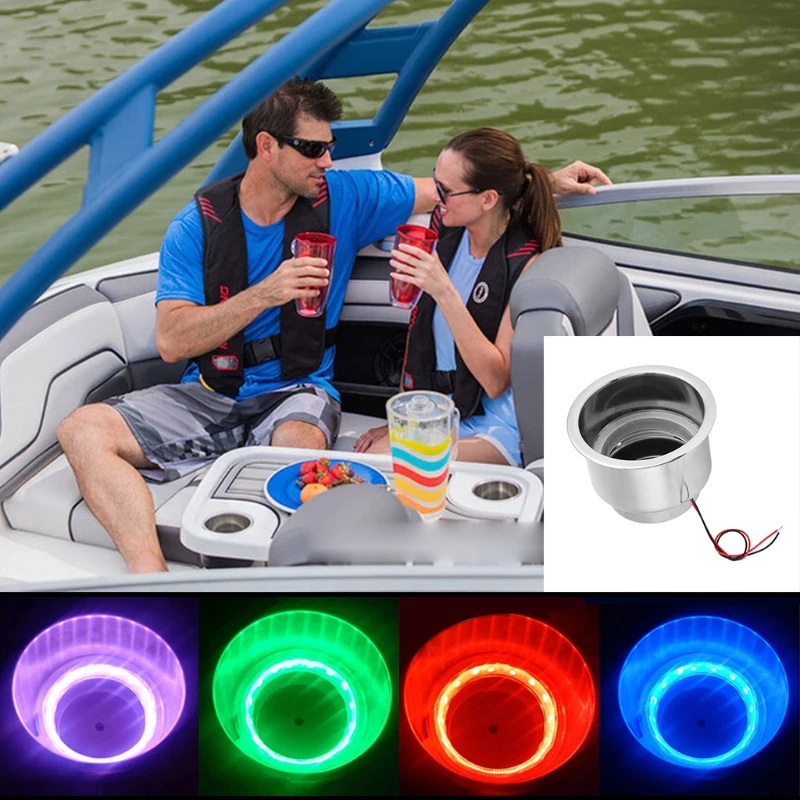 12V 15LED Light Cup Holder Insert with Drain Stainless Steel Polished Marine RV Drink | Автомобили и мотоциклы