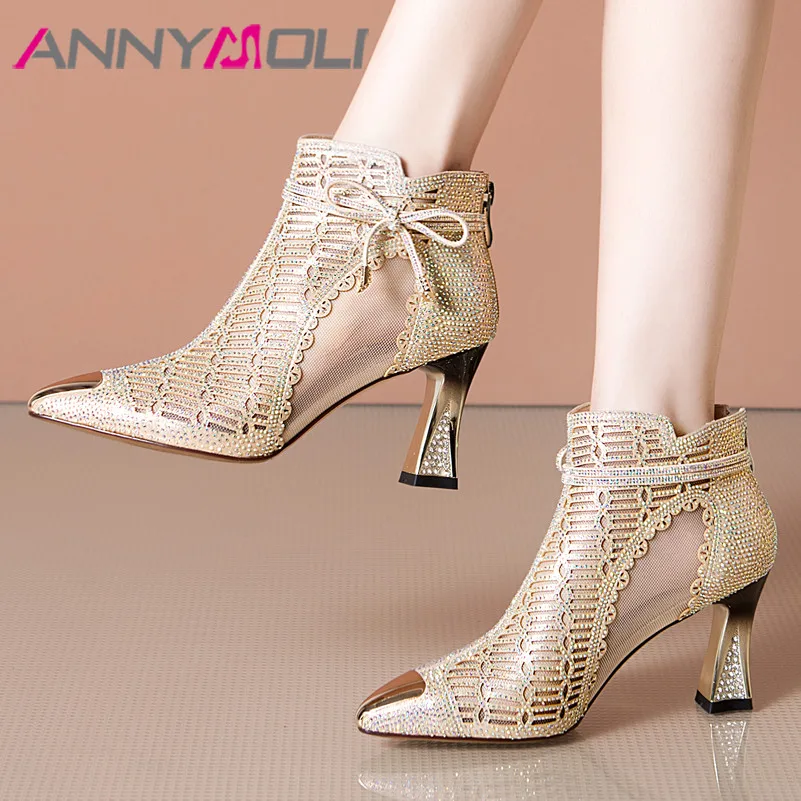 

Ботильоны ANNYMOLI женские на высоком каблуке, полусапожки с бантом, кристаллами, заостренный носок, тонкий каблук, с вырезами, на молнии, больши...