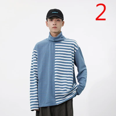 

2020 autumn new personality stripe stitching long-sleeved T-shirt men loose trend bottoming shirt men