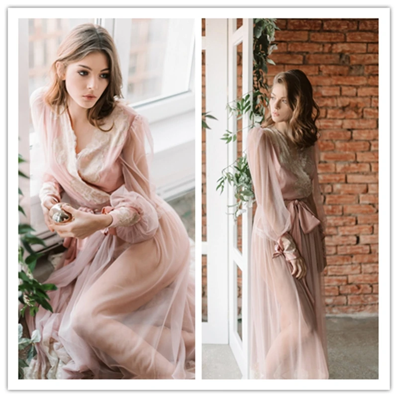 Розовая кружевная Женская одежда для сна милая фатиновая ночная рубашка