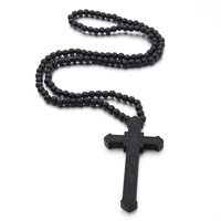 new boy large wood catholic jesus cross with wooden bead carved rosary pendant long collier statement necklace men jewelry