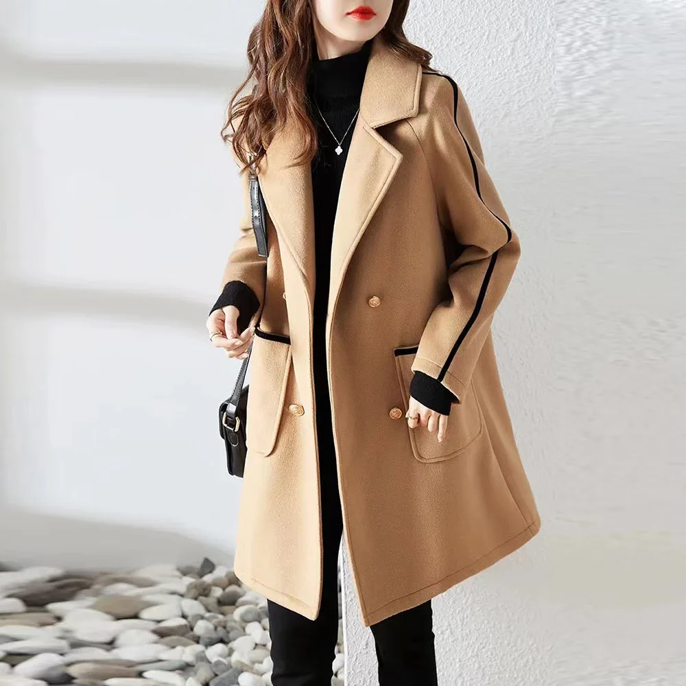 

Woolen Coat Women Winter Fashion Classic All-match Western Style Contrast Color Leather Strips Stitching Long-sleeved Overcoat