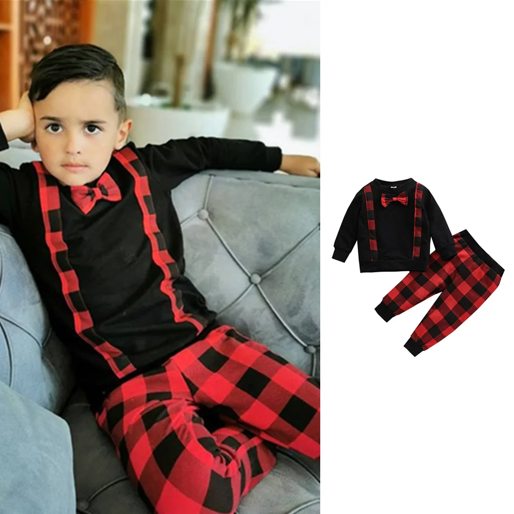

Baby Boy Christmas Clothes Set Bow Tie Sweatshirt Top Plaid Pants Trousers 6M-4Y Infant Toddler Festival Holiday Casual Outfits