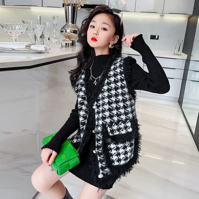 

Knitted Vest Girls Cardigan in Autumn and Winter Long Sweater Vest Loose Small Fragrant Wind Houndstooth Mink Velvet Coat