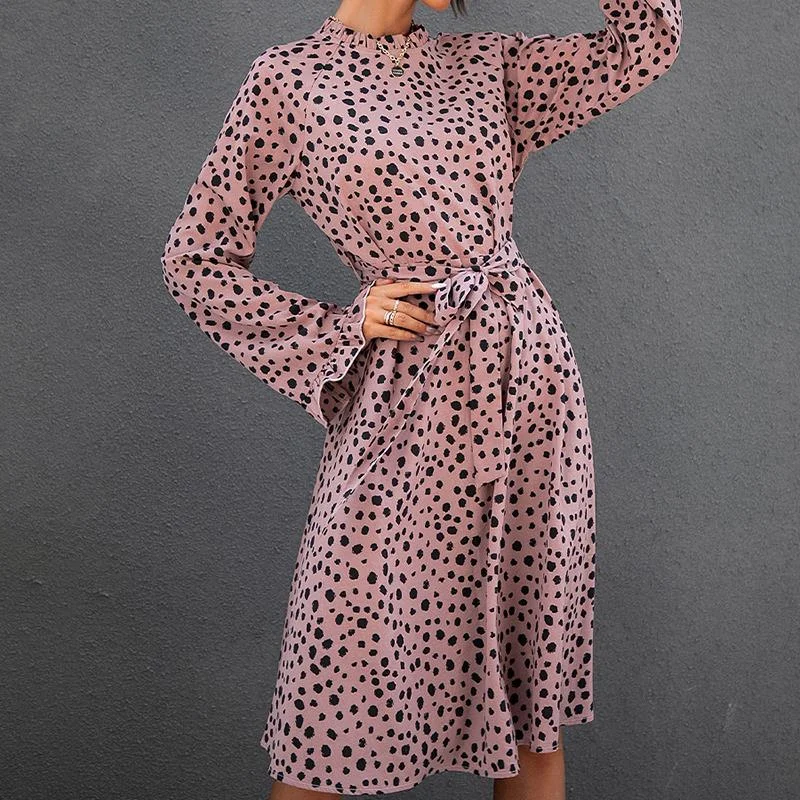 

Fashion Women Dress Polka Dot Vintage Oversized Vocation Style Midi Dress Sweet Long Sleeve Bandage Party Dresses Female Robe