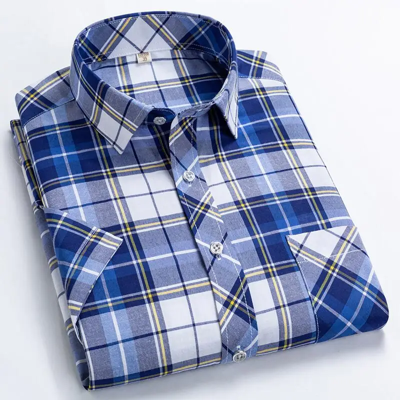 Летняя мужская клетчатая рубашка Chemise homme с коротким рукавом на пуговицах, тонкая деловая Повседневная рубашка, большой размер 5XL, Мужская брендовая одежда - Цвет: Небесно-голубой