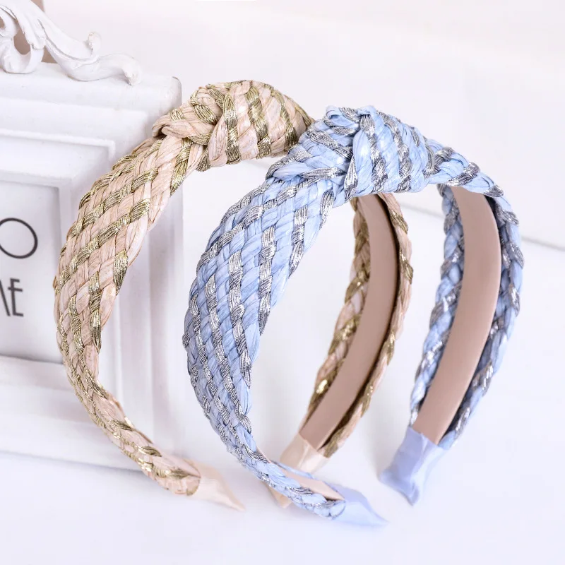 

Обруч для волос в богемном стиле Женский, модная повязка на голову с плетением из синей соломы, широкая полосатая лента, аксессуары для воло...