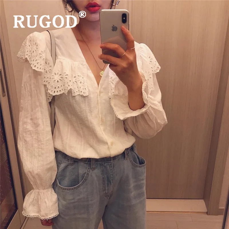 

RUGOD 2020 Весна Waveselvedge кружевная Лоскутная Милая Белая Блузка женские блузки с длинным рукавом Элегантный Топ женский топ повседневные рубашк...