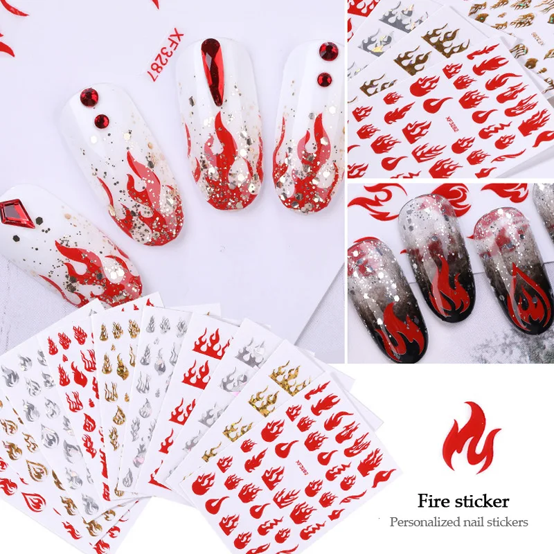 

Laser Gold Silver Flame Nails Stickers Accessoires Red Fire Design Decal Sticker Art for Manicure Back Glue Nail Decoration