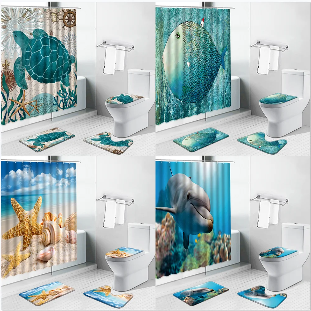 

Sea Turtle Dolphin Beach Starfish Ocean Animal Cartoon Shower Curtain Non-Slip Carpet Toilet Cover Mat Octopus Bathroom Curtains