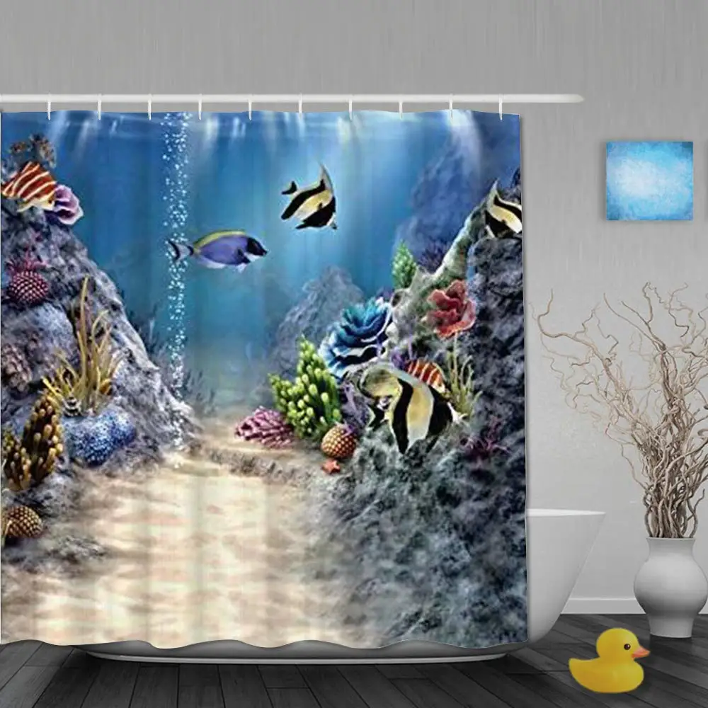 

Shower Curtain Tropical Undersea with Colorful Fishes Swimming in The Ocean Coral Reefs Art Image Polyester Fabric Waterproof
