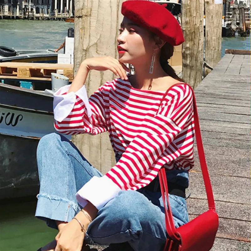 Новая модная одежда для женщин 2019 Осенняя полосатая футболка с длинным рукавом