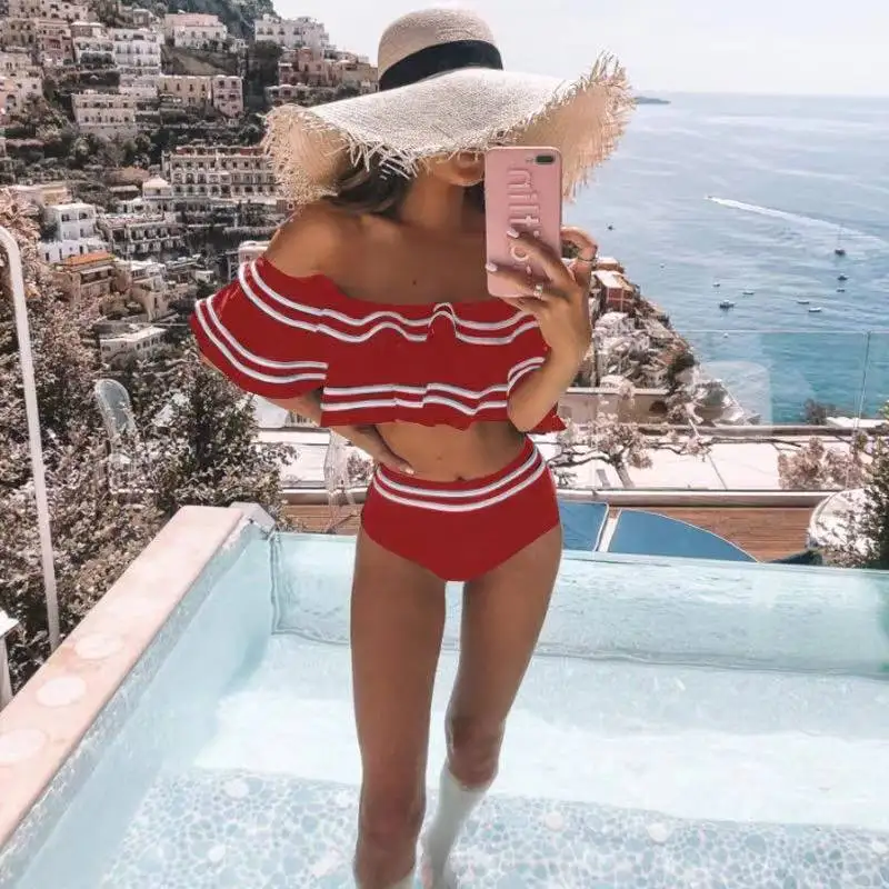 

Hirigin Women Sexy Bikini 2020 Off Shoulder Ruffles Female Bikini Set Padded Bathing suit Stripes Bather Swimming suit