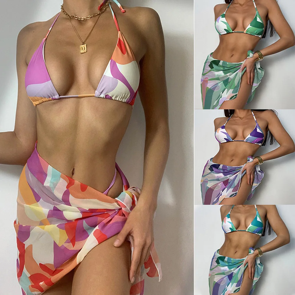 

2021 swimsuit new stitching color sexy backless bikini three-piece European and American export lace-up bikini