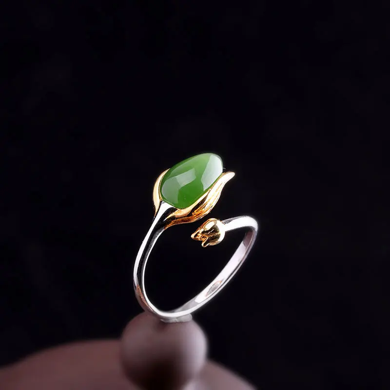 Green Ring Безглицый ручной работы тюльпан набор украшений для женщин натуральные драгоценные камни нефрит серьги кольца набор кулонов 925 серебро цветочные ювелирные изделия S02 - Цвет камня: Green Ring