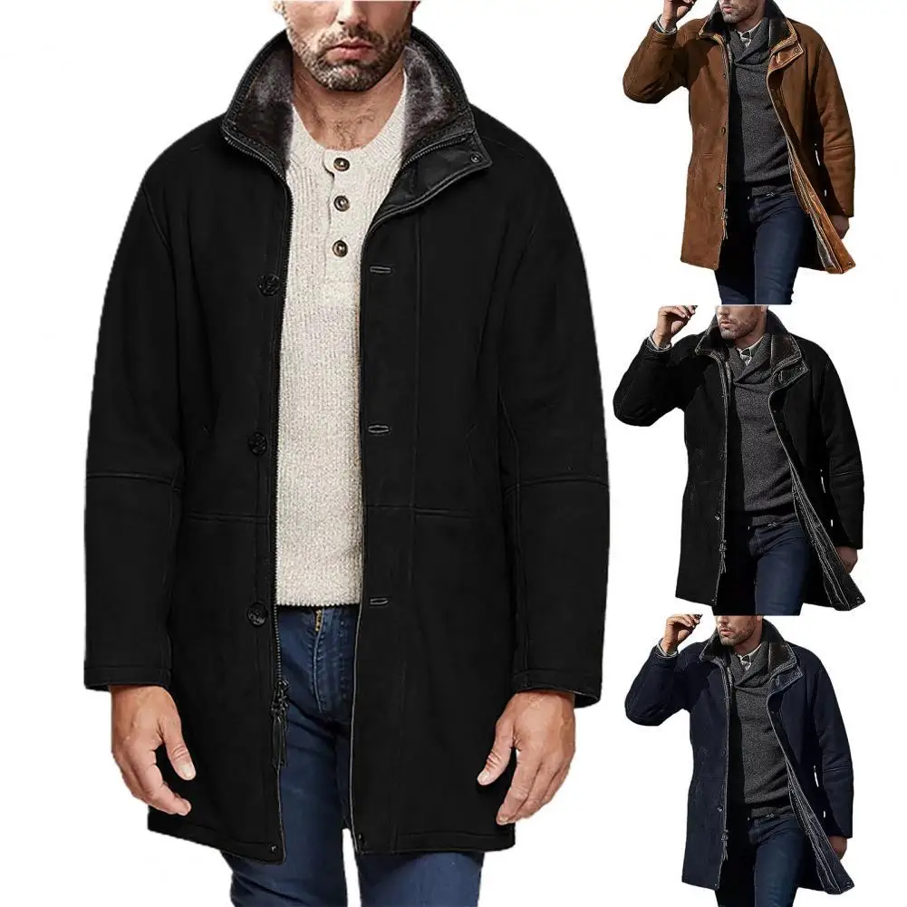 

Men Coat Eye-catching Wear Resistant Cotton Lapel Medium Length Thick Warm Men Overcoat for Autumn